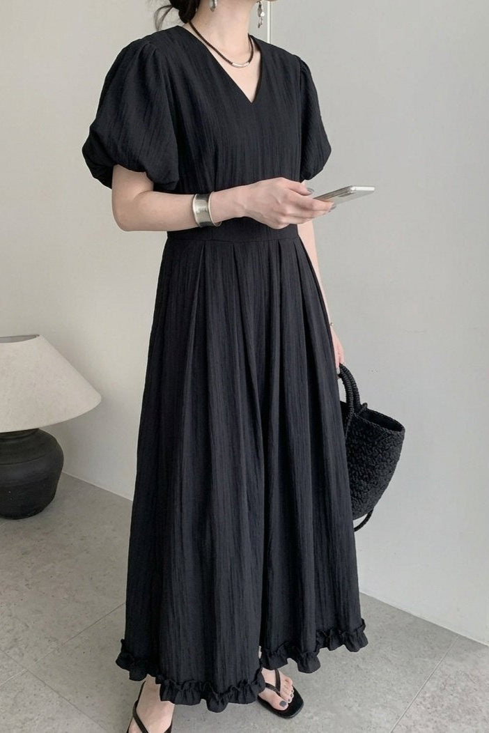 Airy Flow Balloon Sleeve Long Dress - Luckyplanetusa