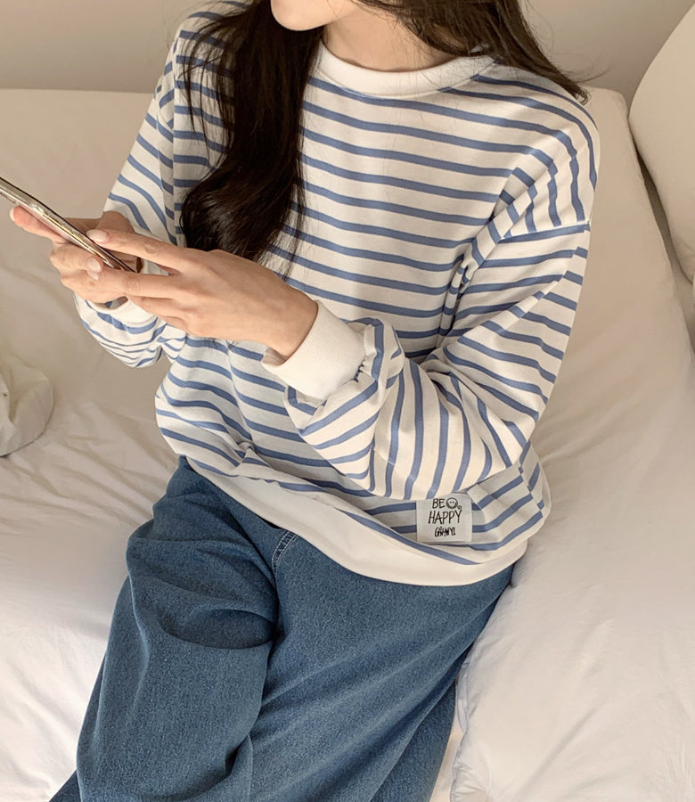 Be Happy Stripe Sweatshirt Made in Korea - Luckyplanetusa