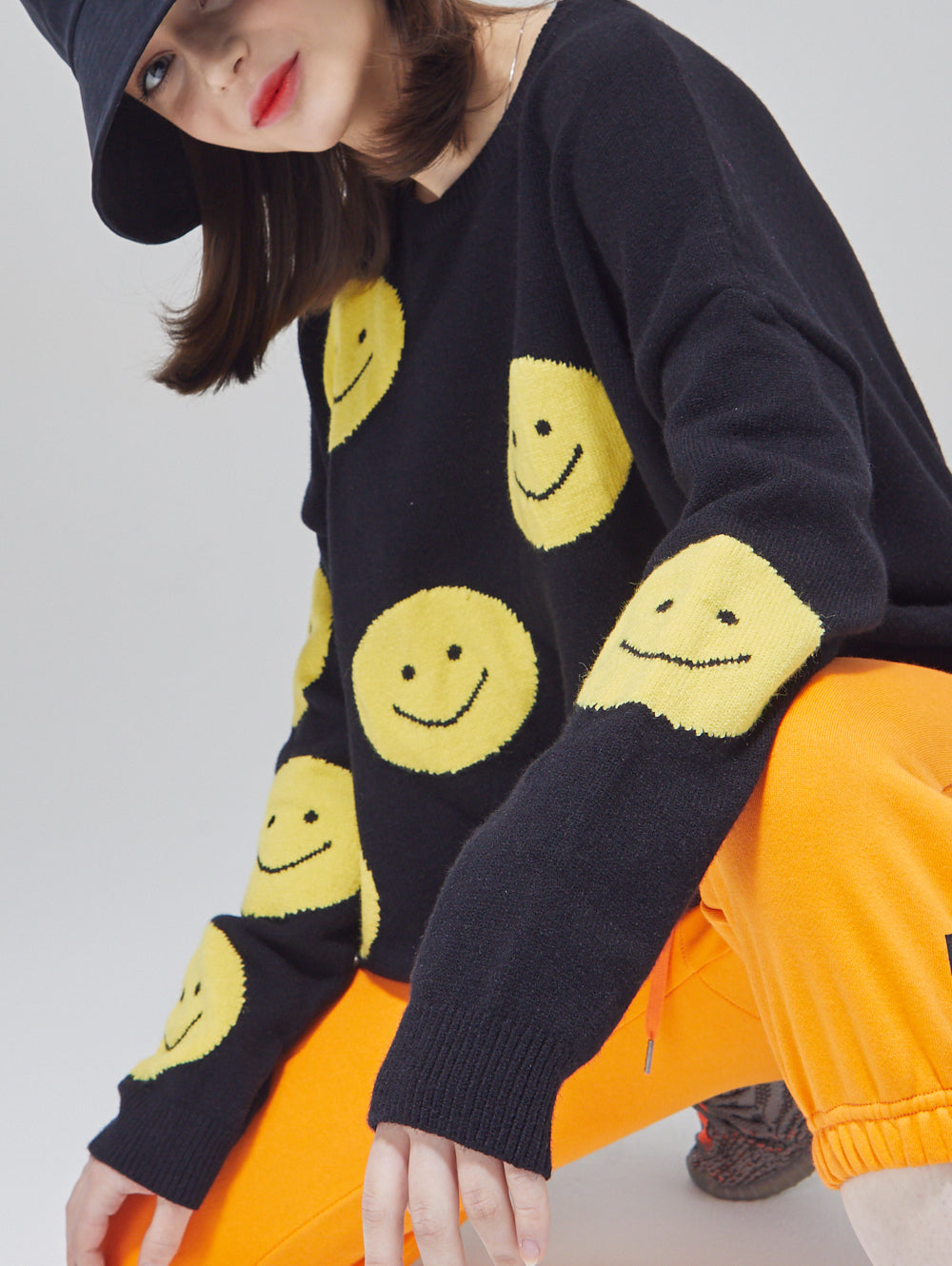 Happy Face Oversized Intarsia Knit Sweater