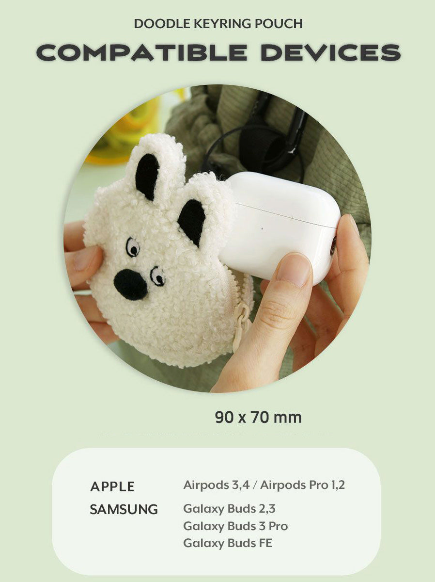Doodle Keyring Pouch – AirPods & Galaxy Buds Case (Rabbit, Bear, Cheese Cat, White Cat)
