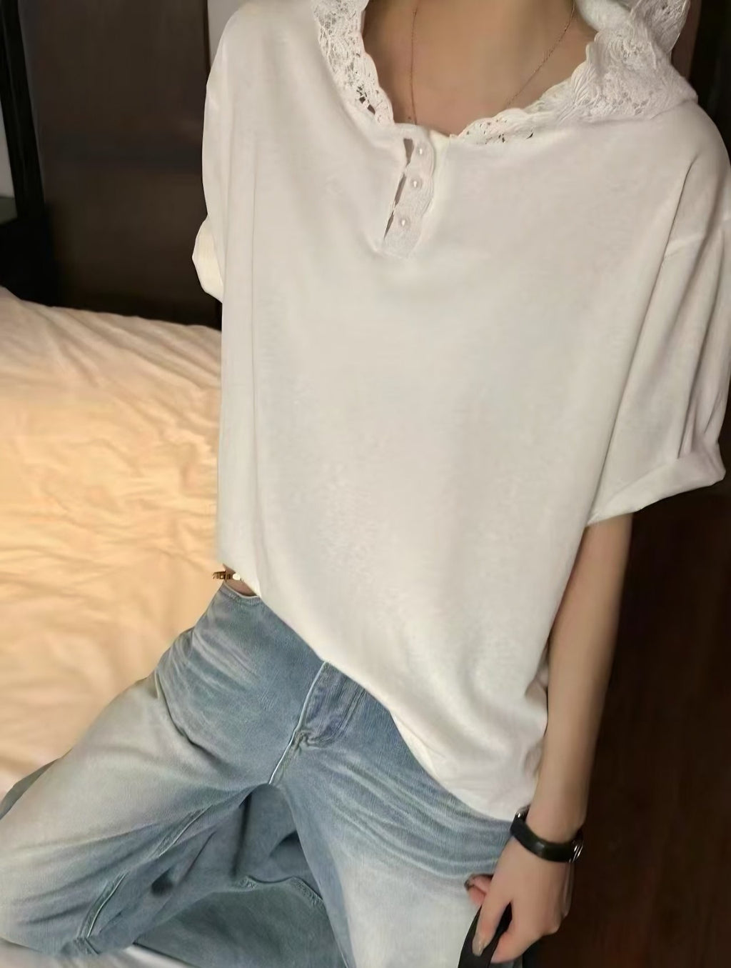 Lace Hood Cotton Relaxed T-Shirt - Luckyplanetusa