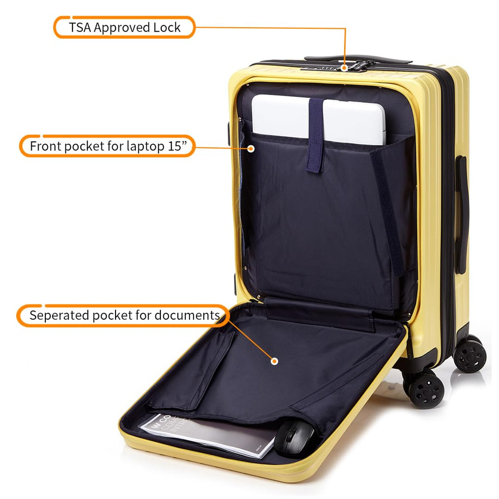 Gobeyond carry on suitcase Yellow with laptop pocket and cup holder