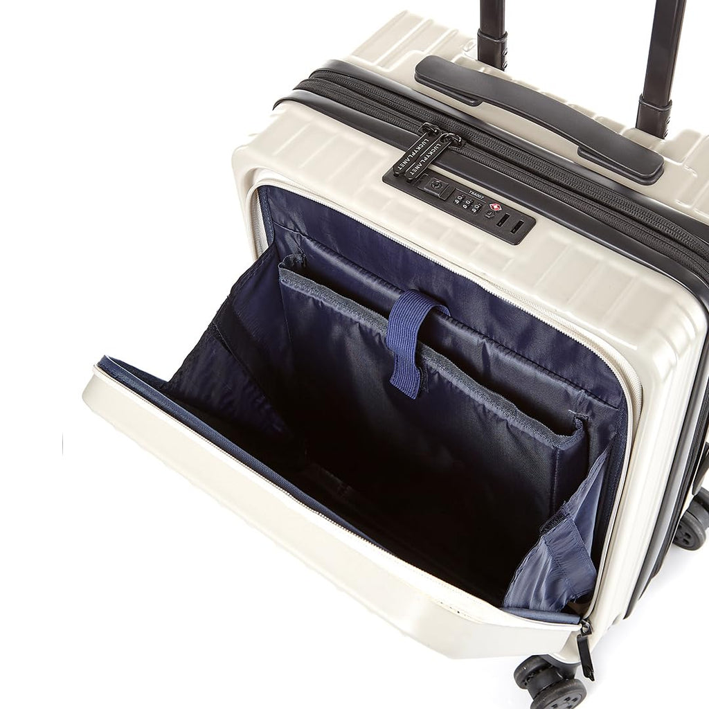 Gobeyond carry on suitcase Ivory with laptop pocket and cup holder 21"