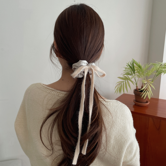 Ribbon Tail Hair Scrunchies- Satin Hair Tie with knit Ribbons