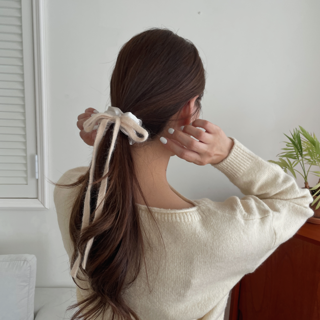 Ribbon Tail Hair Scrunchies- Satin Hair Tie with knit Ribbons