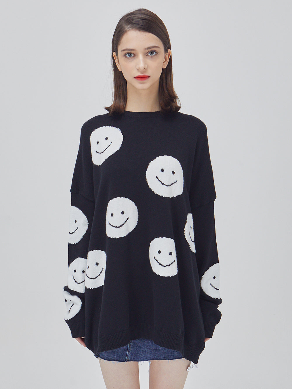 Happy Face Oversized Intarsia Knit Sweater