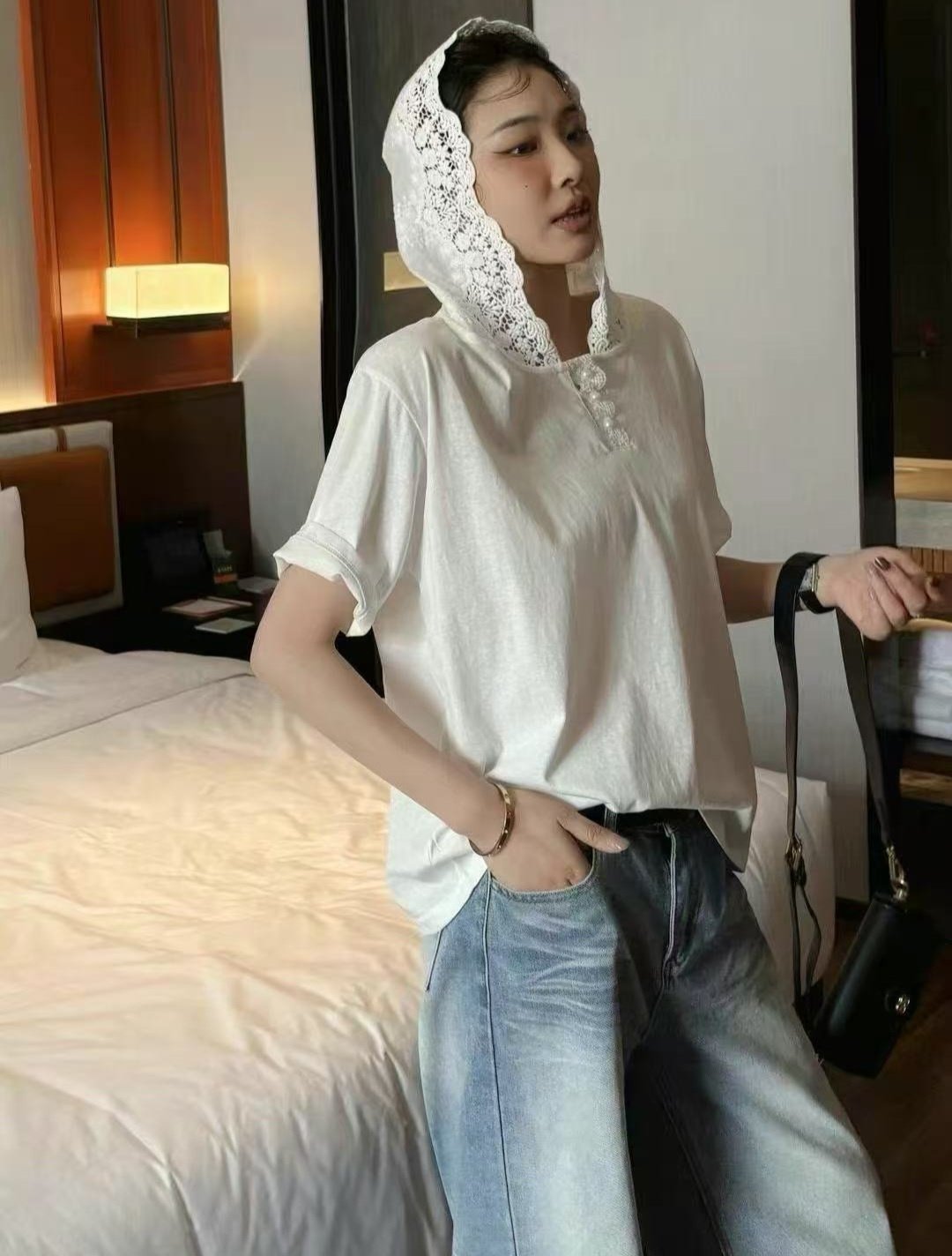 Lace Hood Cotton Relaxed T-Shirt - Luckyplanetusa