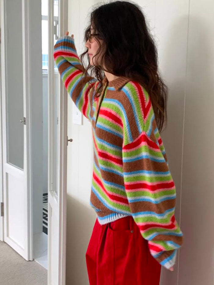 Color Pop Stripe Henley Collar Knit
