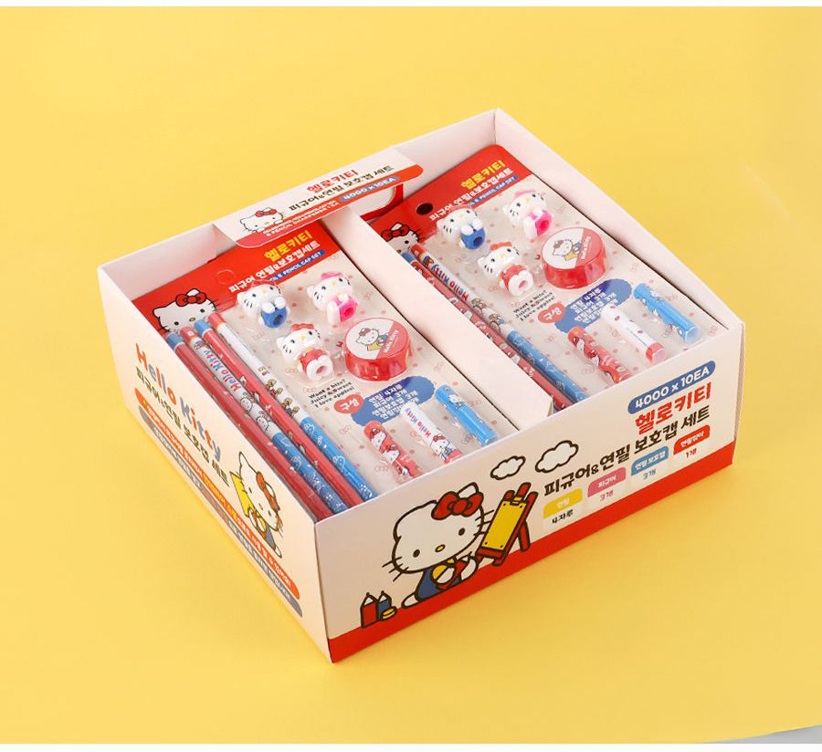 Hello Kitty Stationery Gift Set – 4 Pencils + 3 Figures + Sharpener + 3 Caps