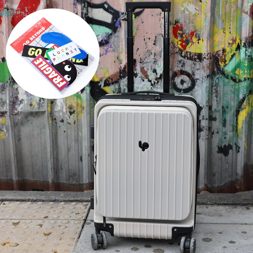 Gobeyond carry on suitcase Ivory with laptop pocket and cup holder 21"