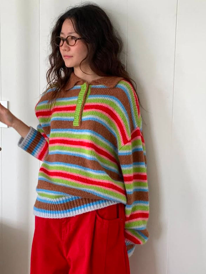 Color Pop Stripe Henley Collar Knit