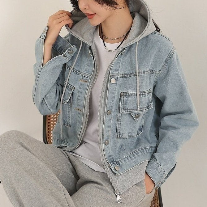 Layered Hooded Denim Jacket - Luckyplanetusa
