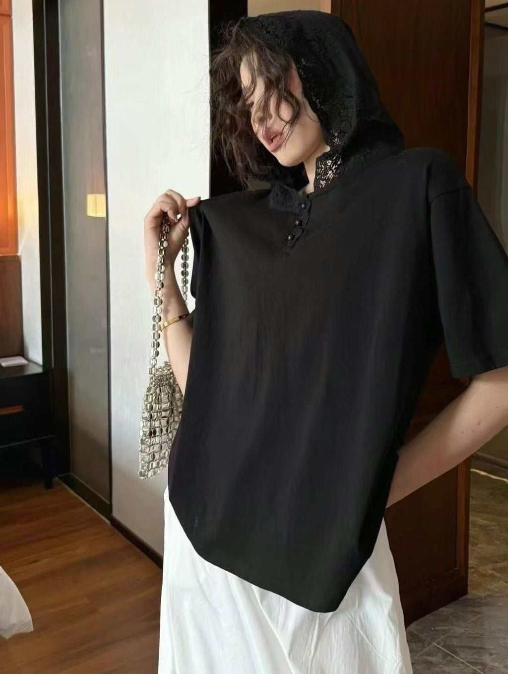 Lace Hood Cotton Relaxed T-Shirt - Luckyplanetusa