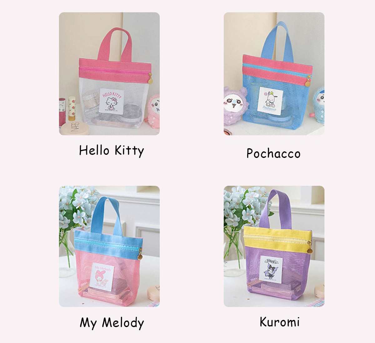 Sanrio Mesh Mini Tote Bag – 4 Styles (Hello Kitty / Pochacco / My Melody / Kuromi)