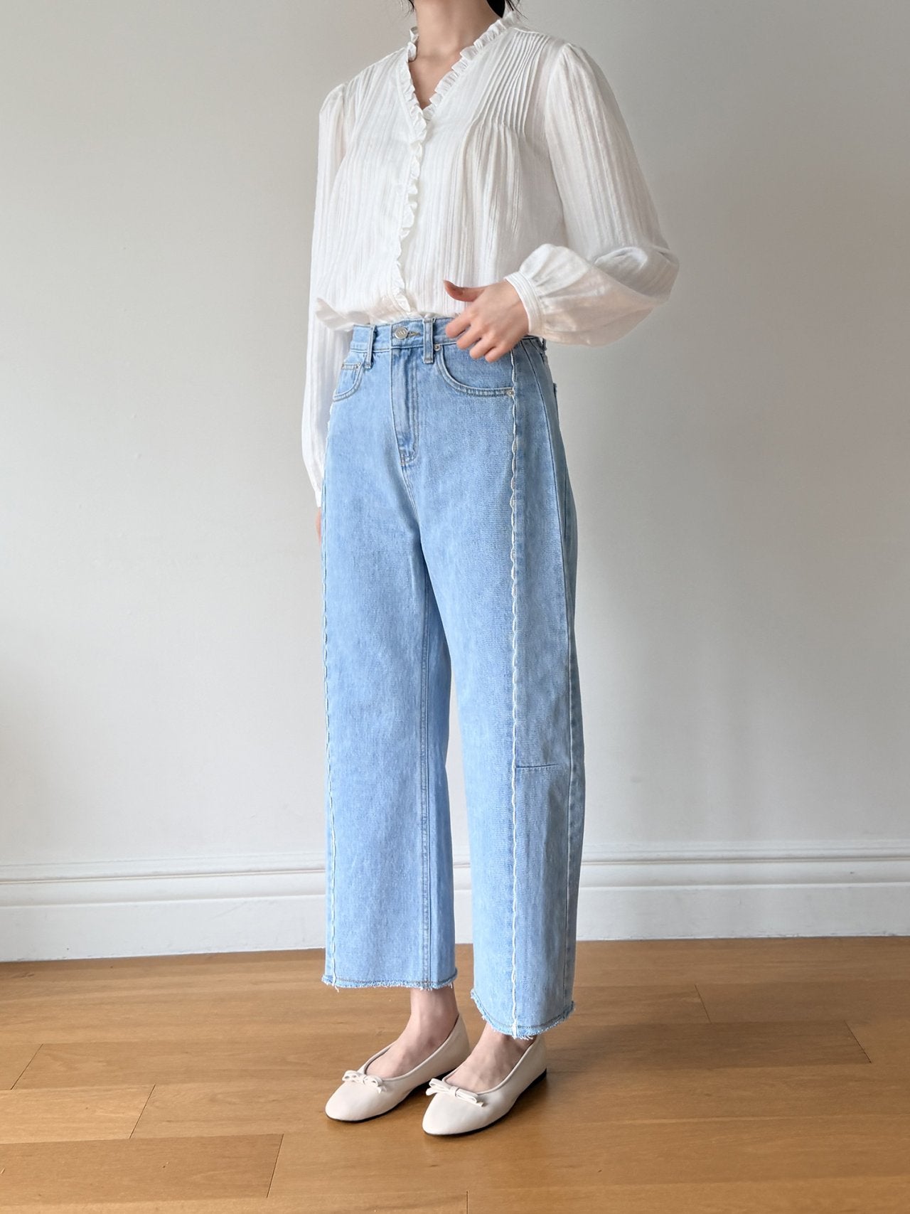 Soft Pleat Ruffle V-Neck Blouse Sheer Textured Feminine Shirt