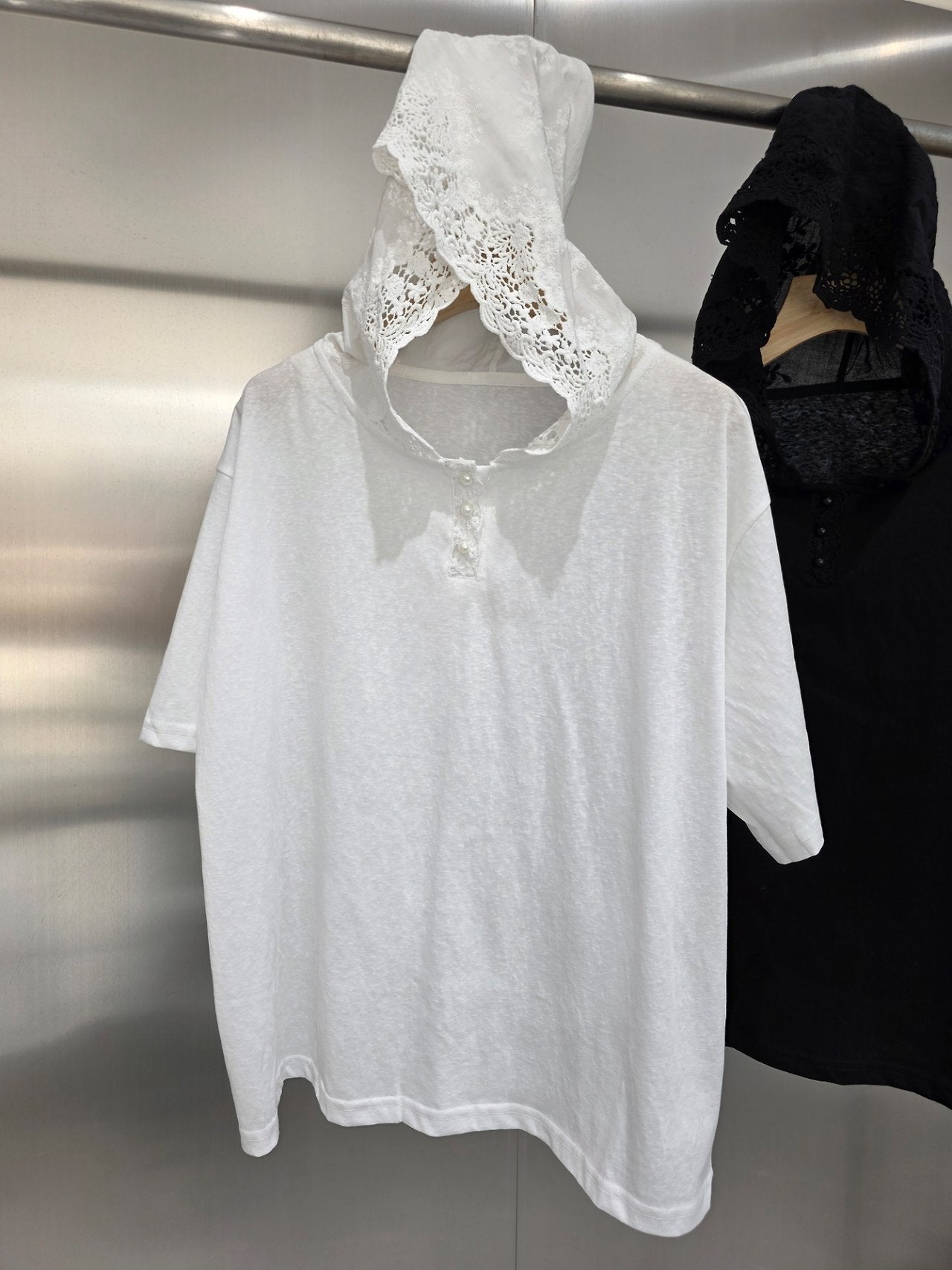 Lace Hood Cotton Relaxed T-Shirt - Luckyplanetusa