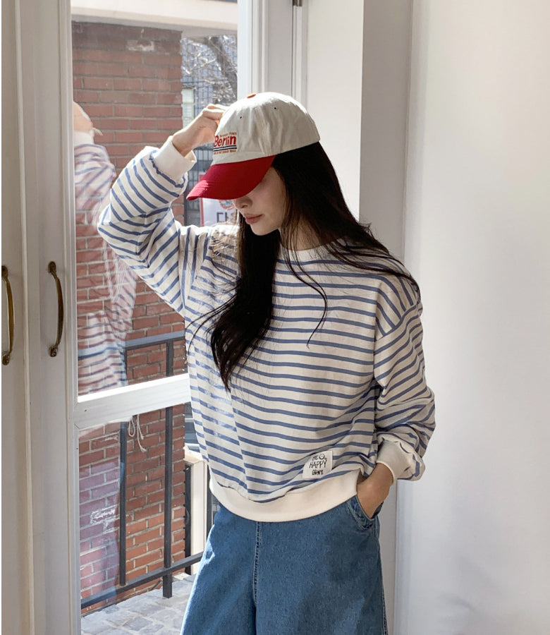Be Happy Stripe Sweatshirt Made in Korea - Luckyplanetusa