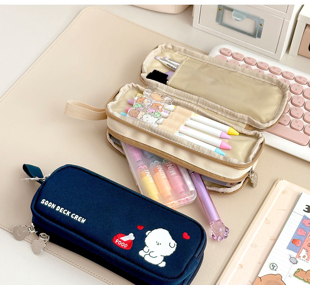 Soon Deok Embroidered Double-Zipper Pencil Case