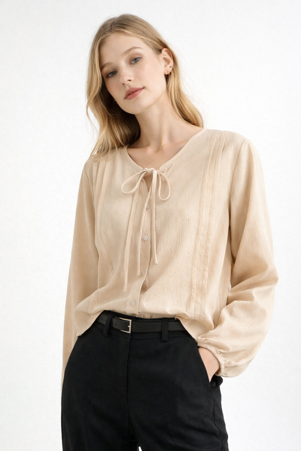 Soft Ribbon Pintuck Blouse Made in Korea