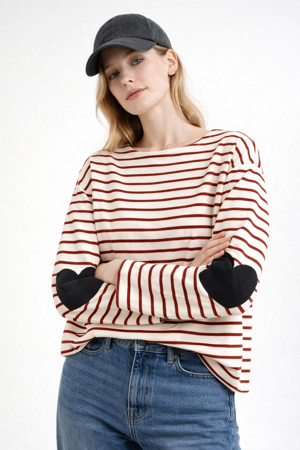 Heart Elbow Breton Stripe Boatneck Tee Cotton