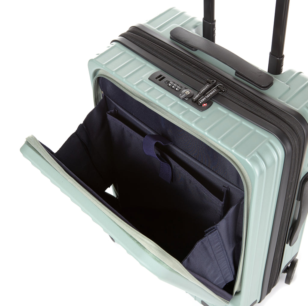Gobeyond carry on suitcase Green with laptop pocket and cup holder