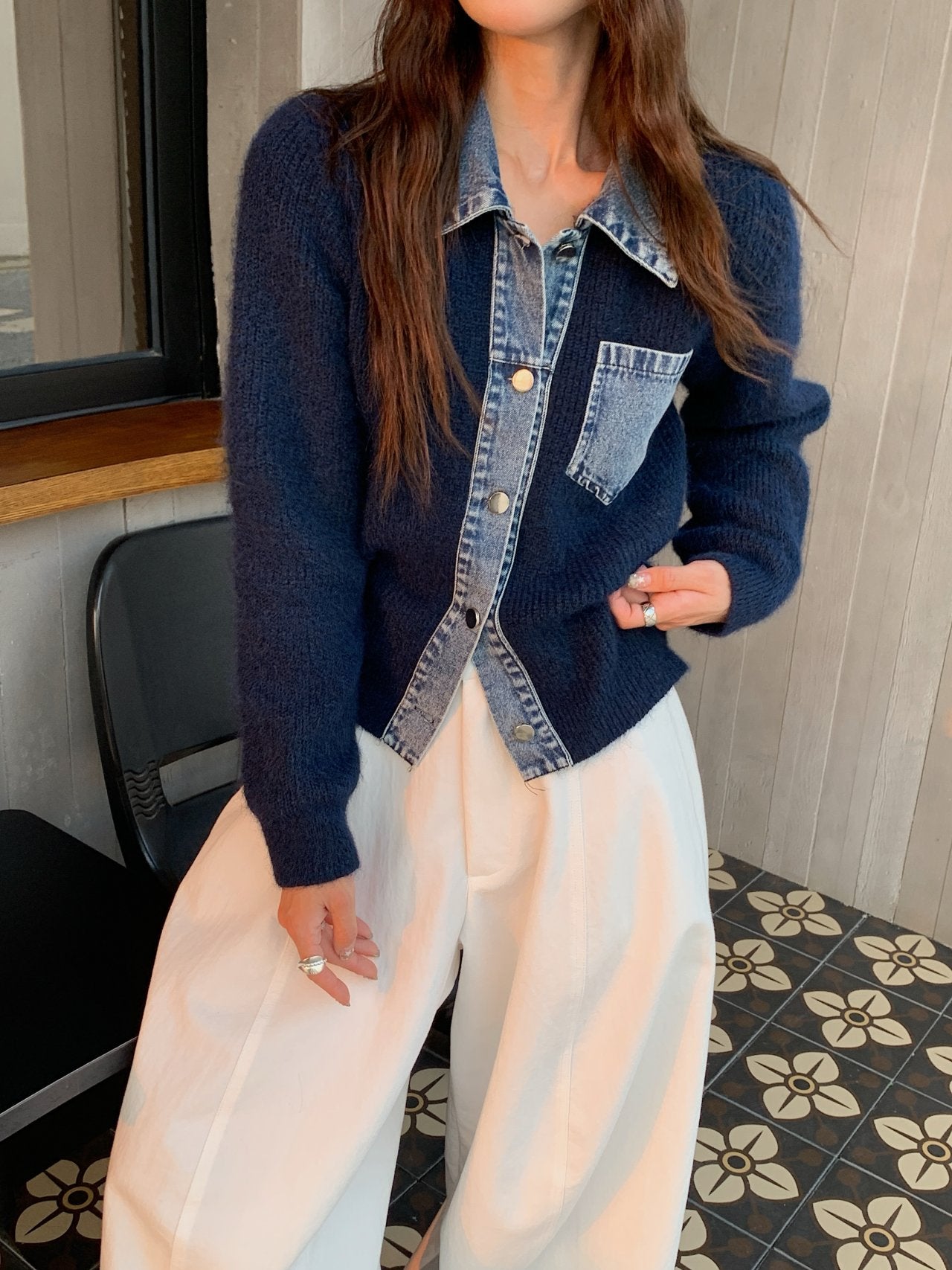 Denim Layered Pocket Knit Jacket
