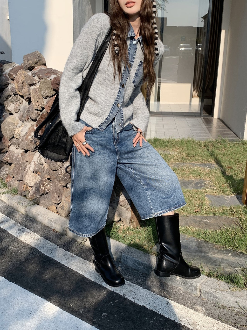 Denim Layered Pocket Knit Jacket