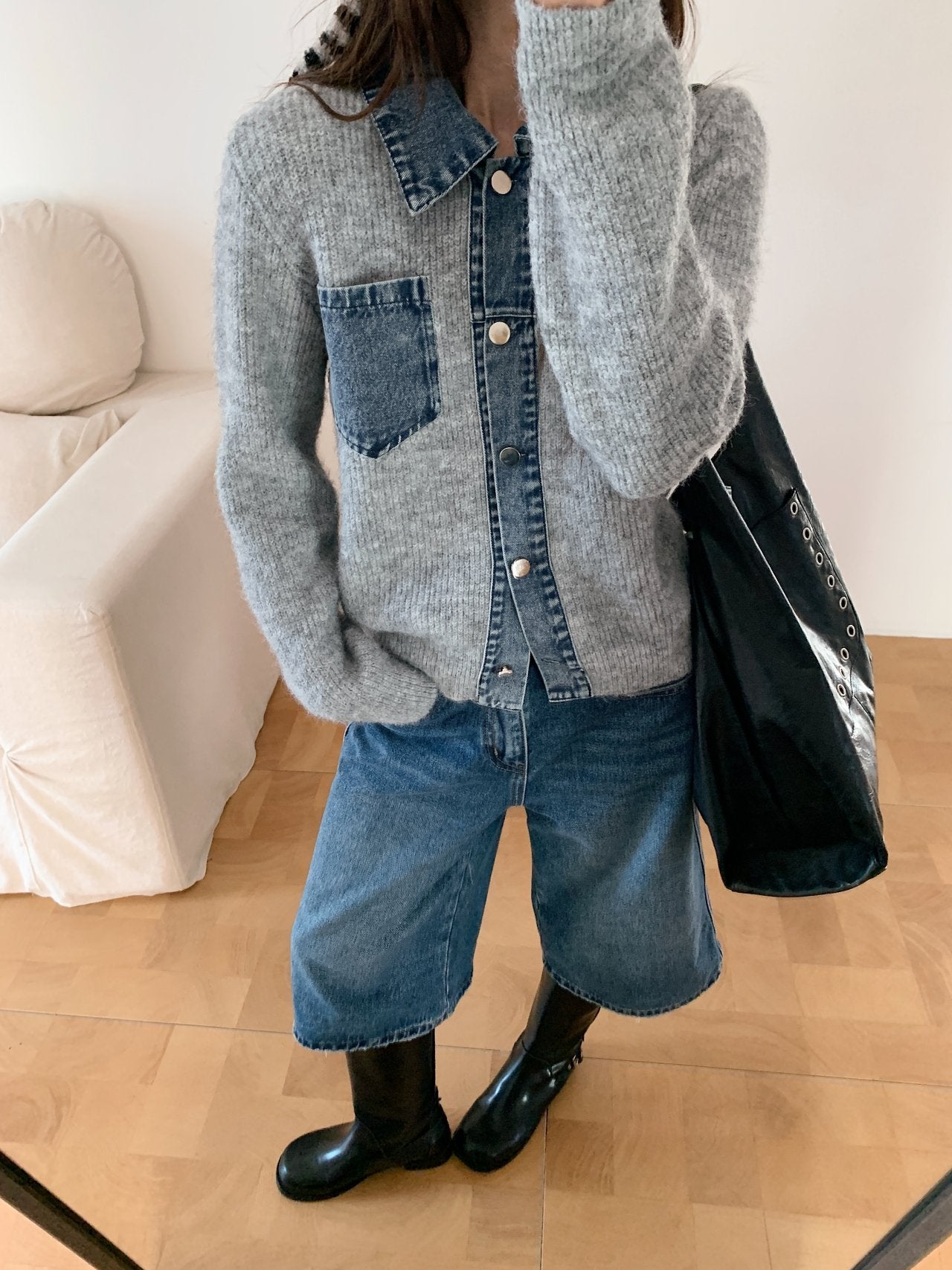 Denim Layered Pocket Knit Jacket