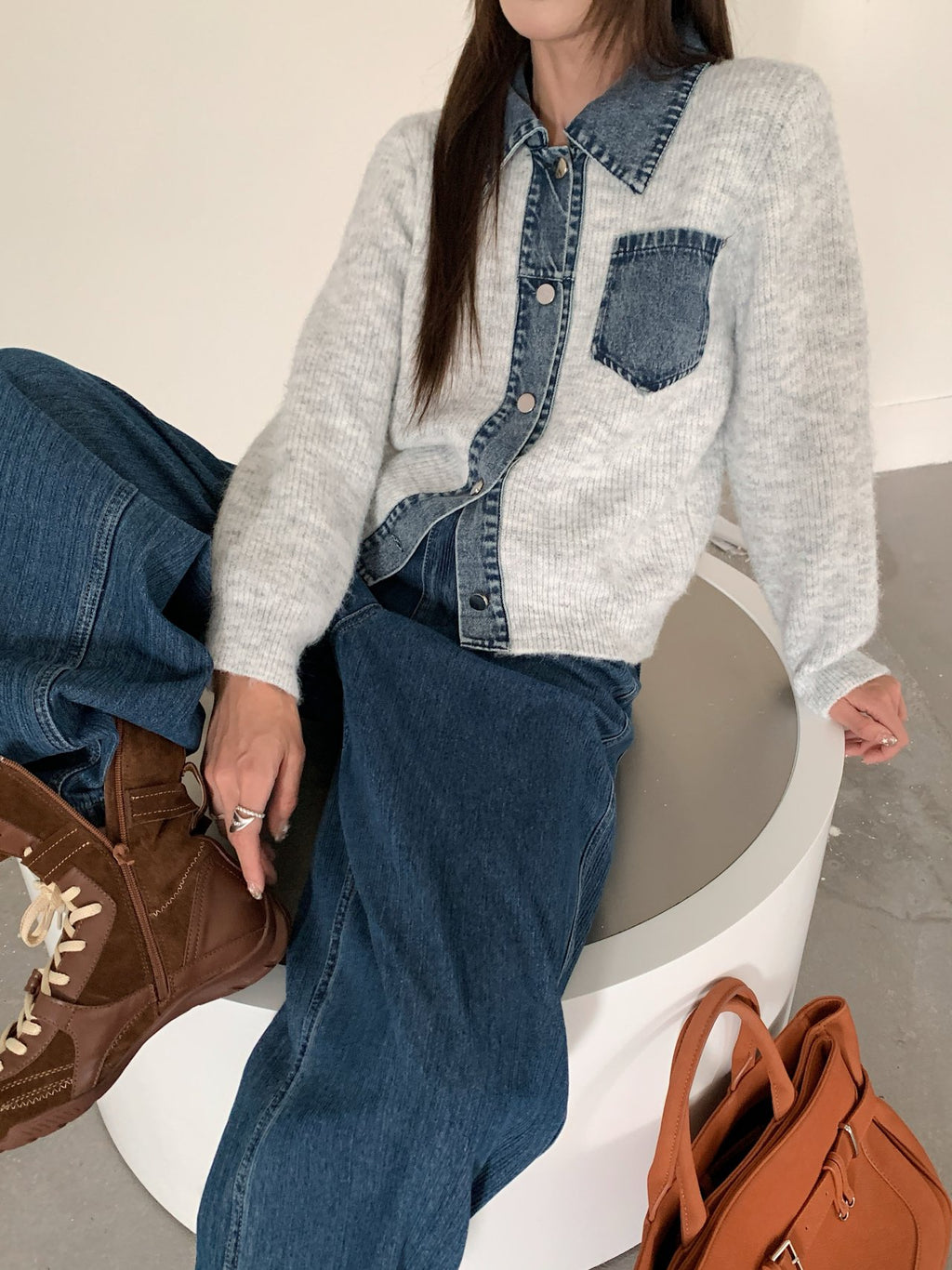 Denim Layered Pocket Knit Jacket