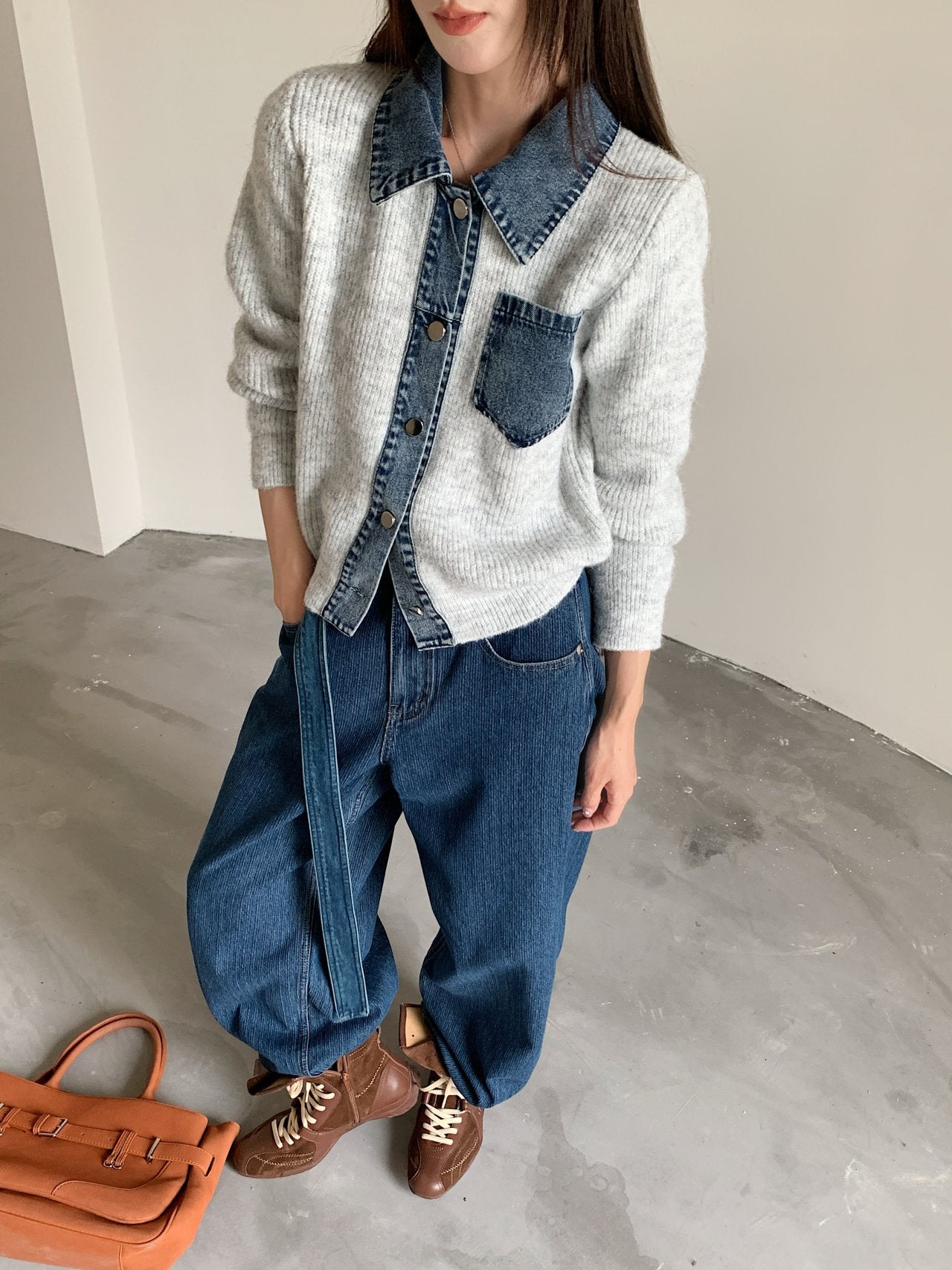 Denim Layered Pocket Knit Jacket