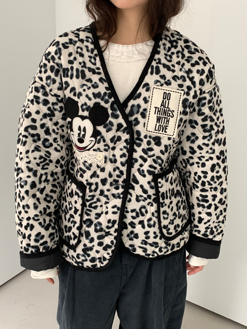 Premium Korea Disney Mickey Leopard Quilted Jacket