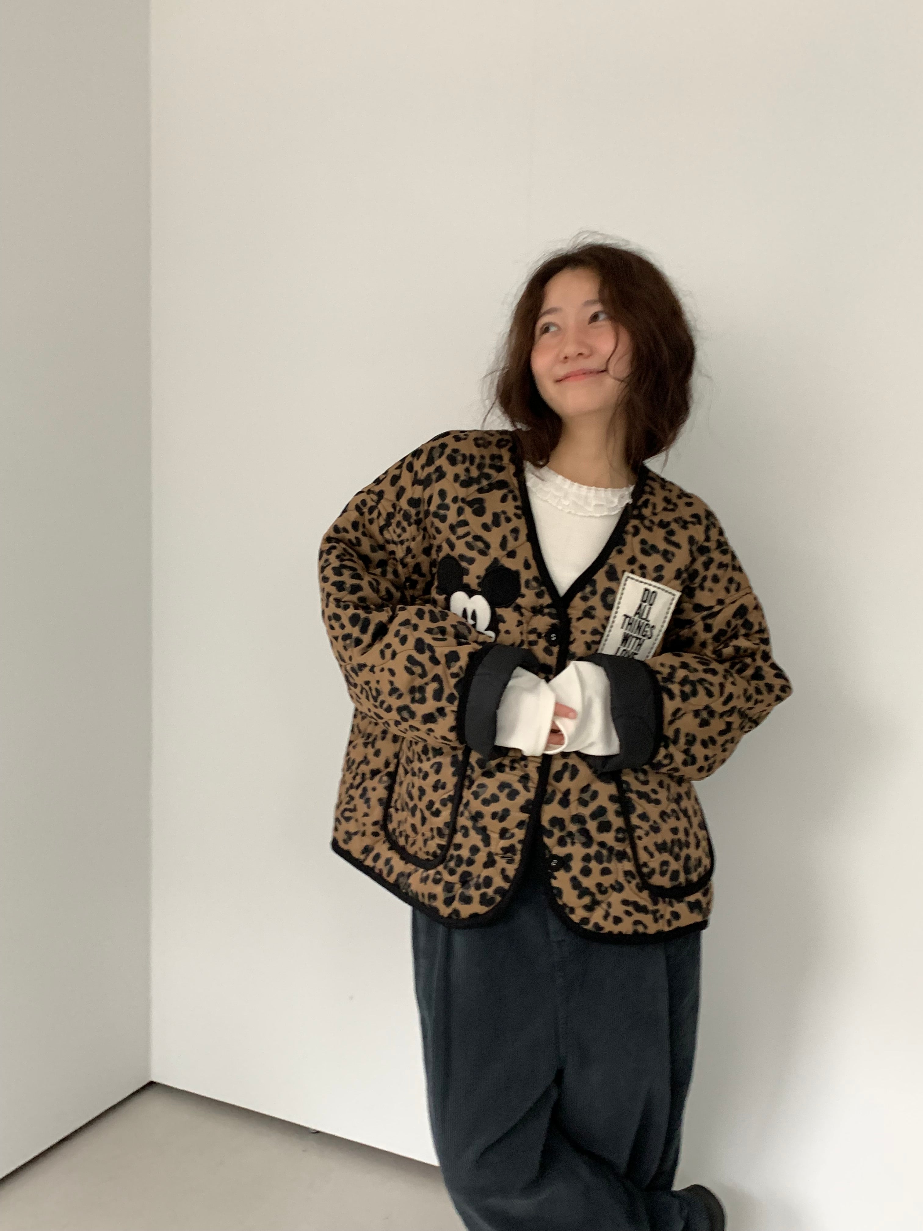 Premium Korea Disney Mickey Leopard Quilted Jacket
