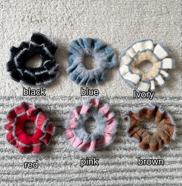 Soft Angora Stripe Scrunchie – Winter Knit Ruffle Collection