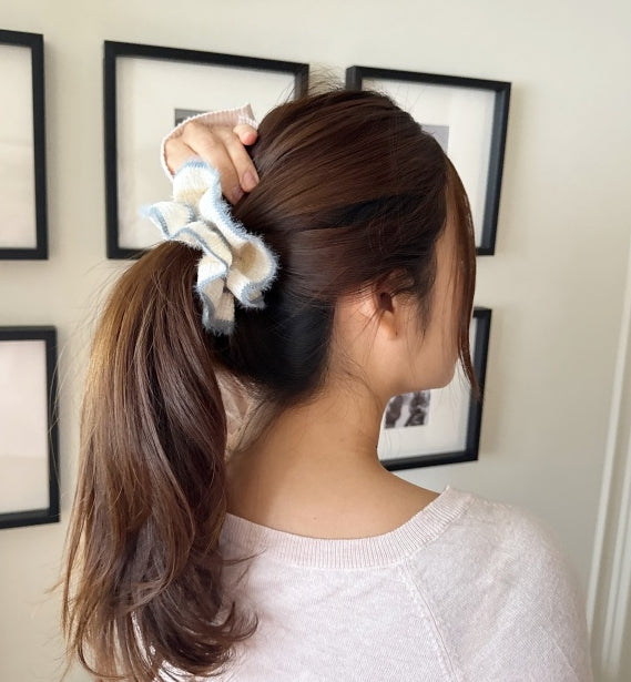 Soft Angora Stripe Scrunchie – Winter Knit Ruffle Collection