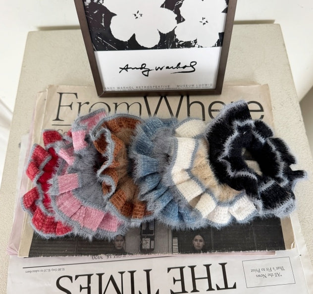 Soft Angora Stripe Scrunchie – Winter Knit Ruffle Collection