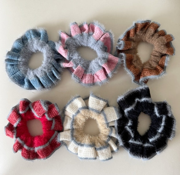 Soft Angora Stripe Scrunchie – Winter Knit Ruffle Collection
