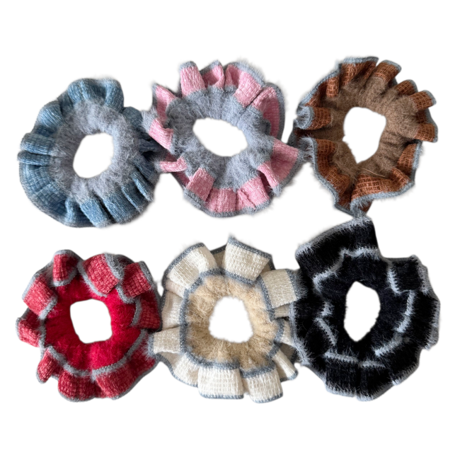 Soft Angora Stripe Scrunchie – Winter Knit Ruffle Collection