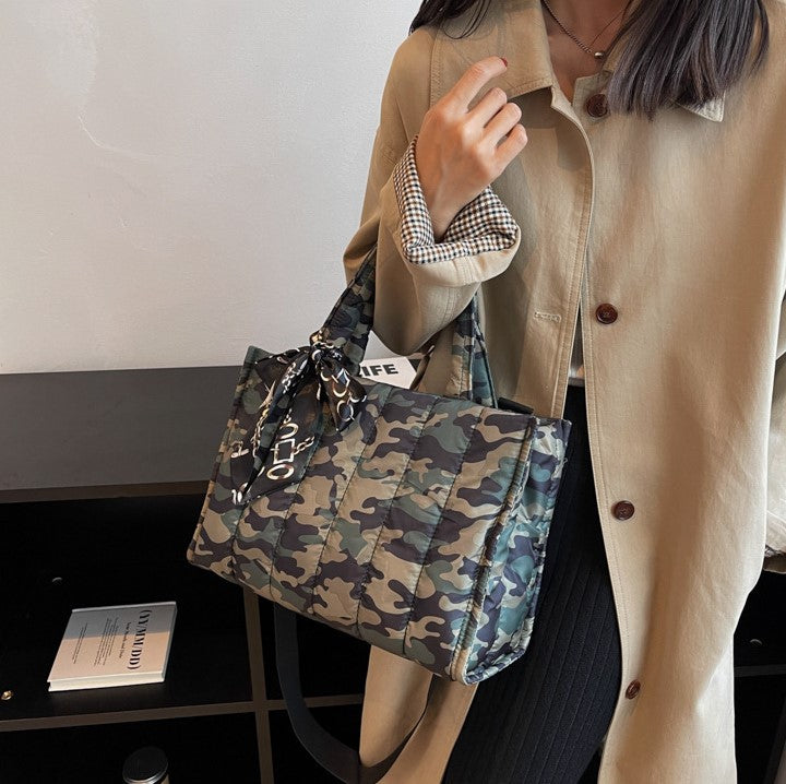Quilted Puff Scarf Charm Tote Bag