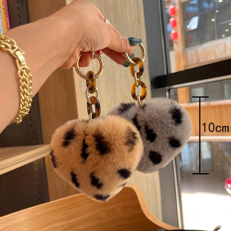 Leopard Plush Heart Keychain Charm