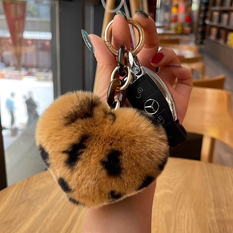 Leopard Plush Heart Keychain Charm