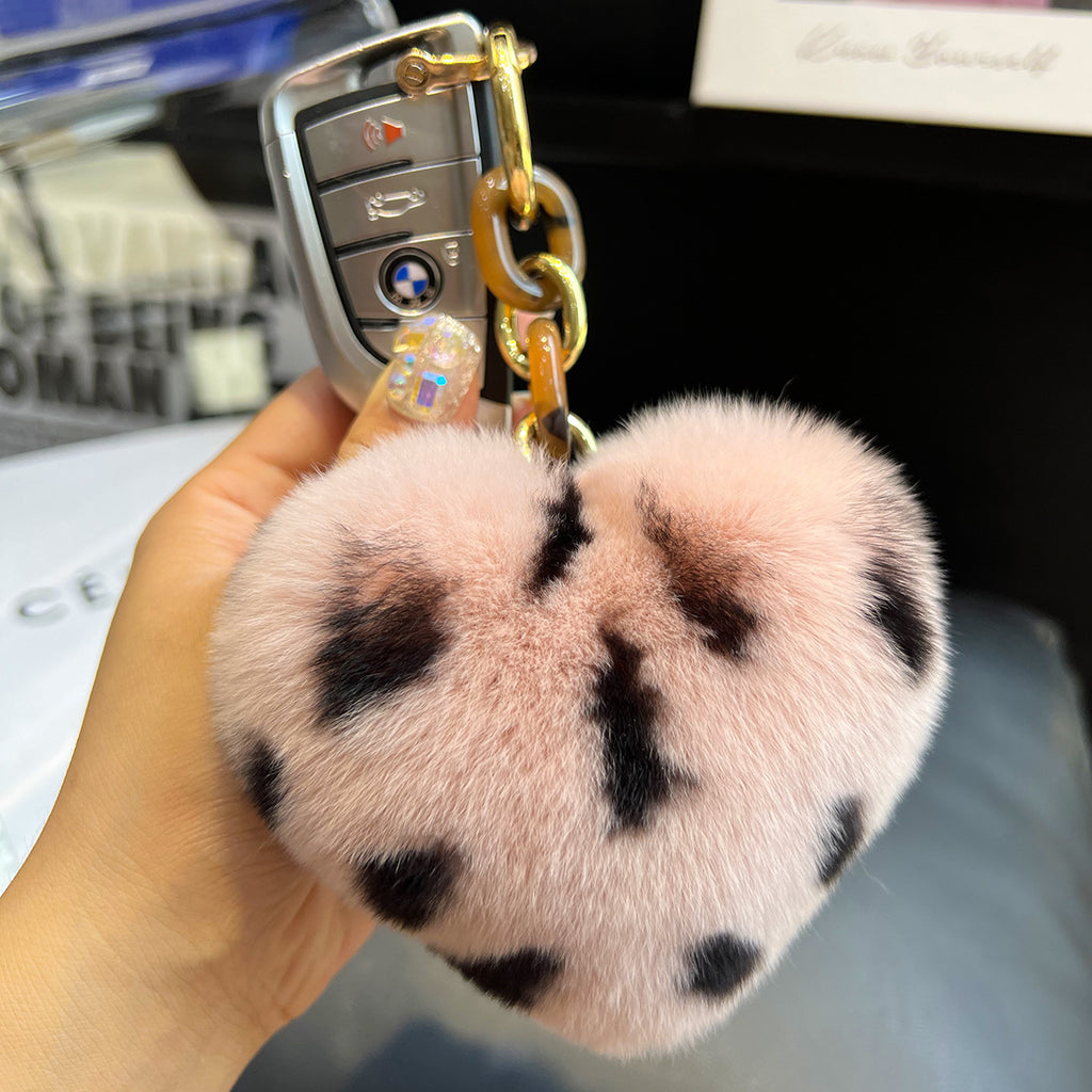 Leopard Plush Heart Keychain Charm