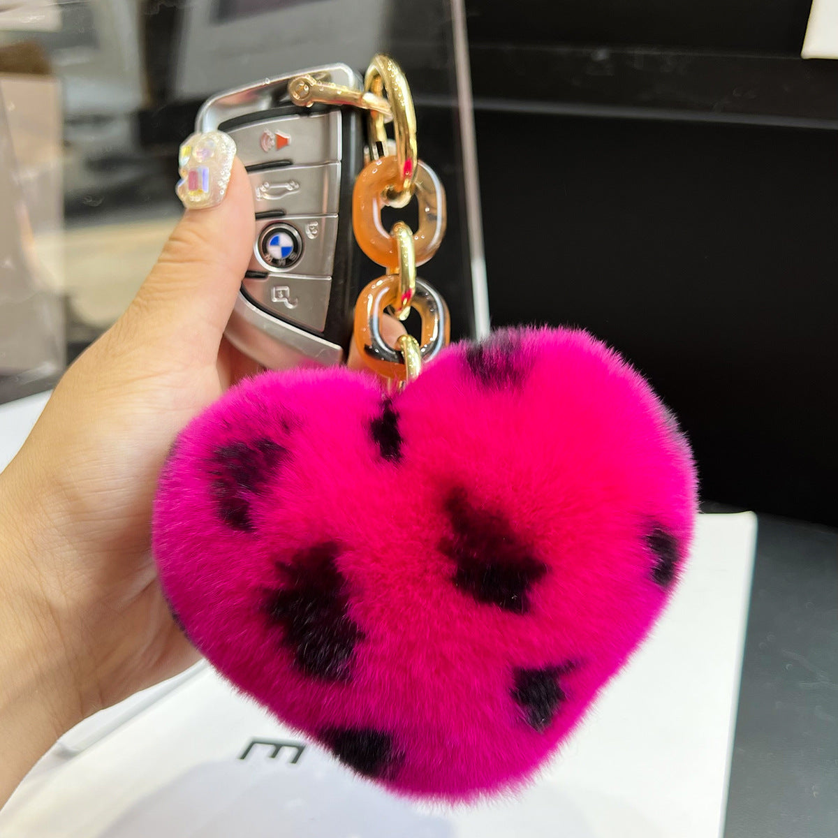 Leopard Plush Heart Keychain Charm