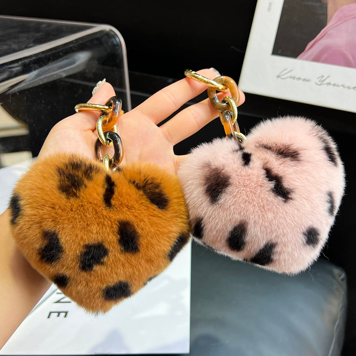 Leopard Plush Heart Keychain Charm