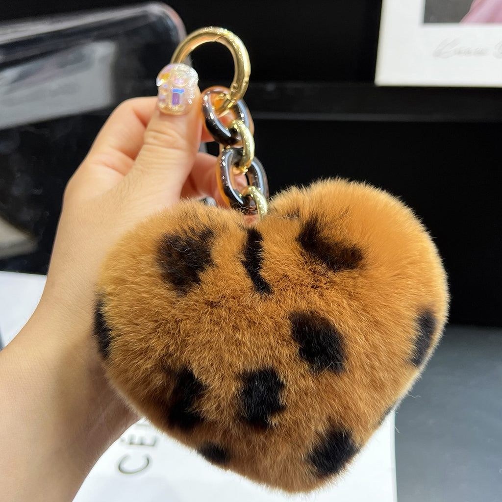Leopard Plush Heart Keychain Charm