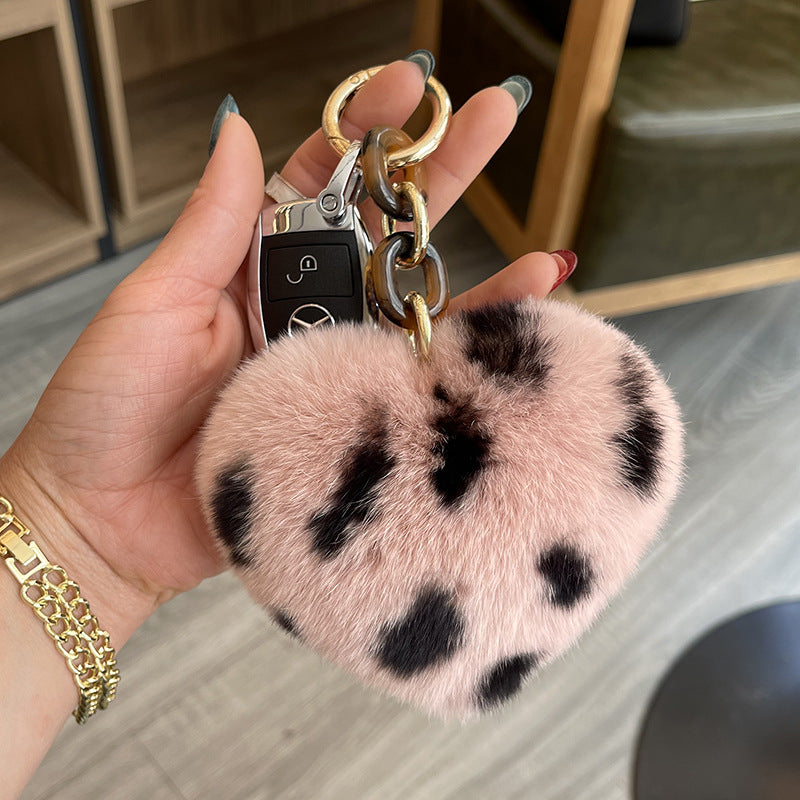Leopard Plush Heart Keychain Charm