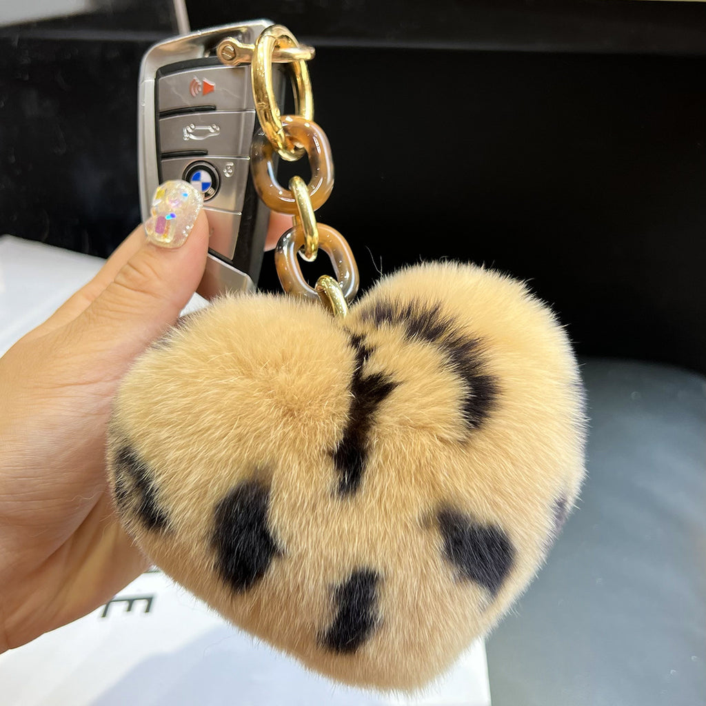 Leopard Plush Heart Keychain Charm
