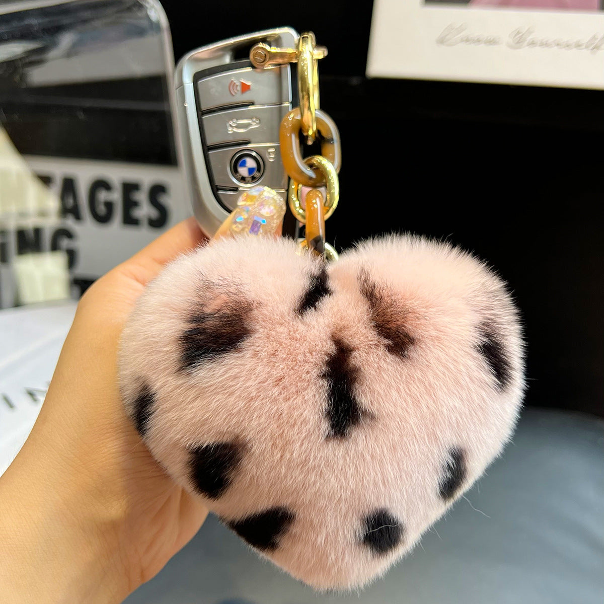 Leopard Plush Heart Keychain Charm