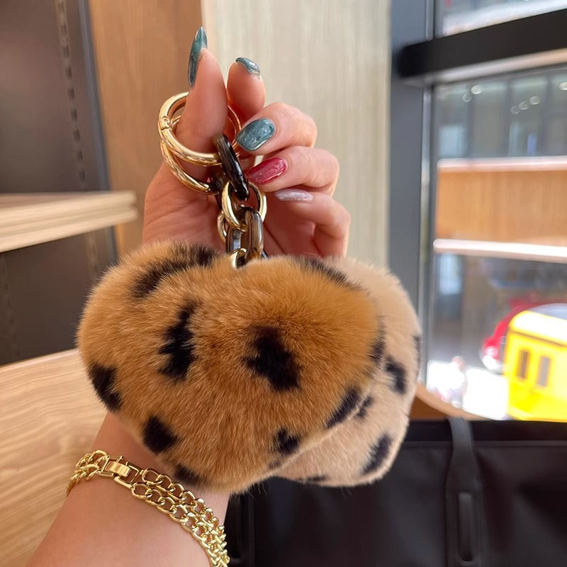 Leopard Plush Heart Keychain Charm