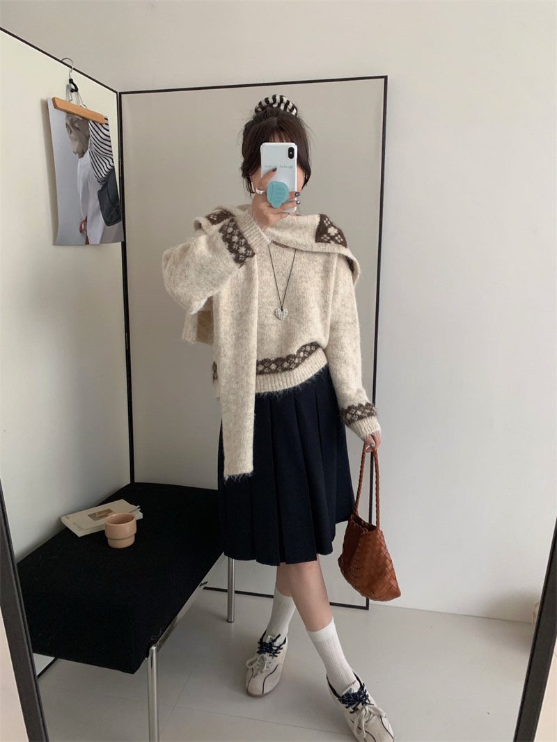 Soft Bow Knit Shawl Cardigan Set