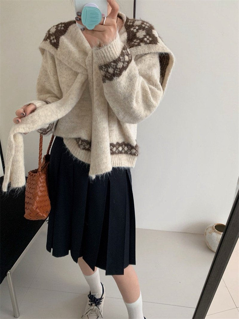 Soft Bow Knit Shawl Cardigan Set